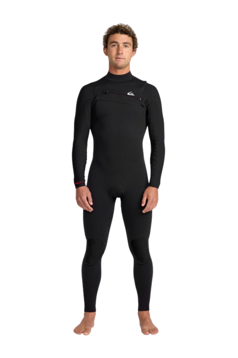 A man wearing a 4/3 Quiksilver long-sleeve full-body black wetsuit, standing against a plain white background. A small white Quiksilver logo is visible on the left chest.