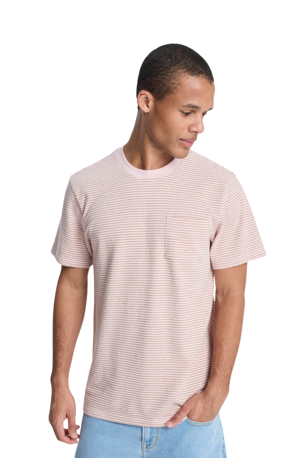Man wearing a striped t-shirt on a white background