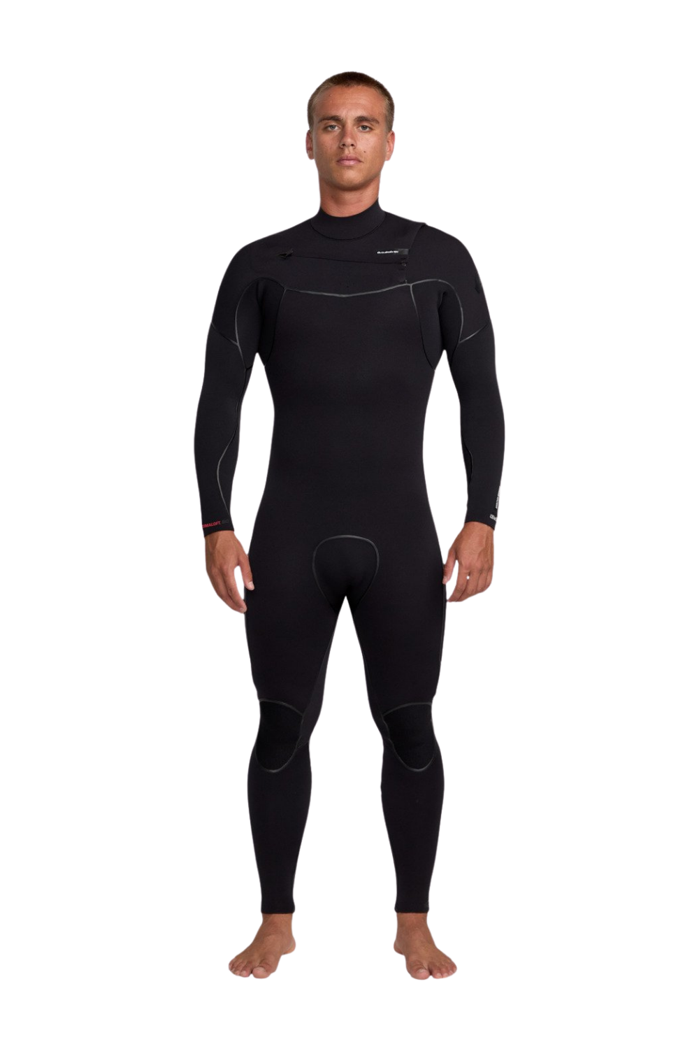 A man modeling a full-body black neoprene wetsuit against a plain white background.