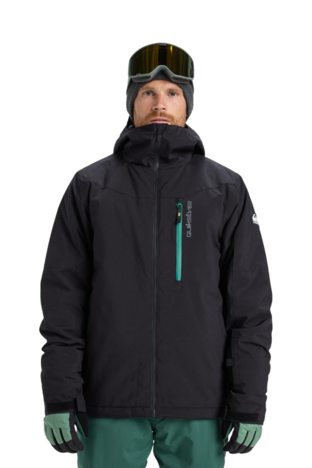 Black jacket with a green chest zip and Quiksilver logo