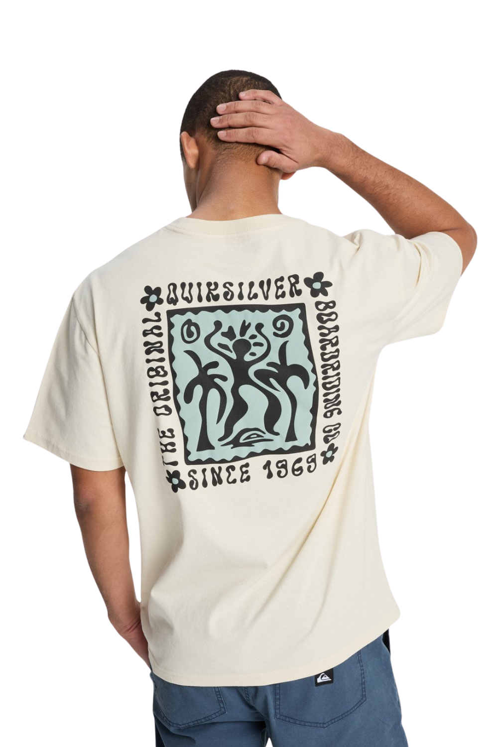 Person wearing a Quicksilver t-shirt with a graphic design on the back, standing against a white background.