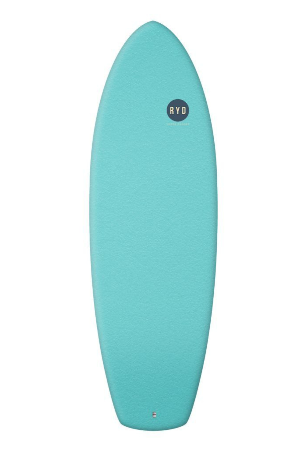 A turquoise foam surfboard shown from the top against a plain white background, featuring a small circular black logo with the letters 'RYD' near the upper center.