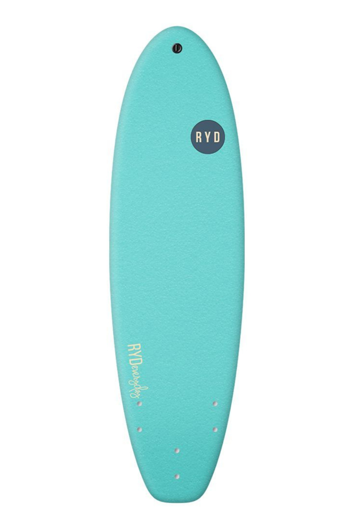A turquoise soft top surfboard with a black circular RYO logo and white RYD surfboards branding, shown against a plain white background.
