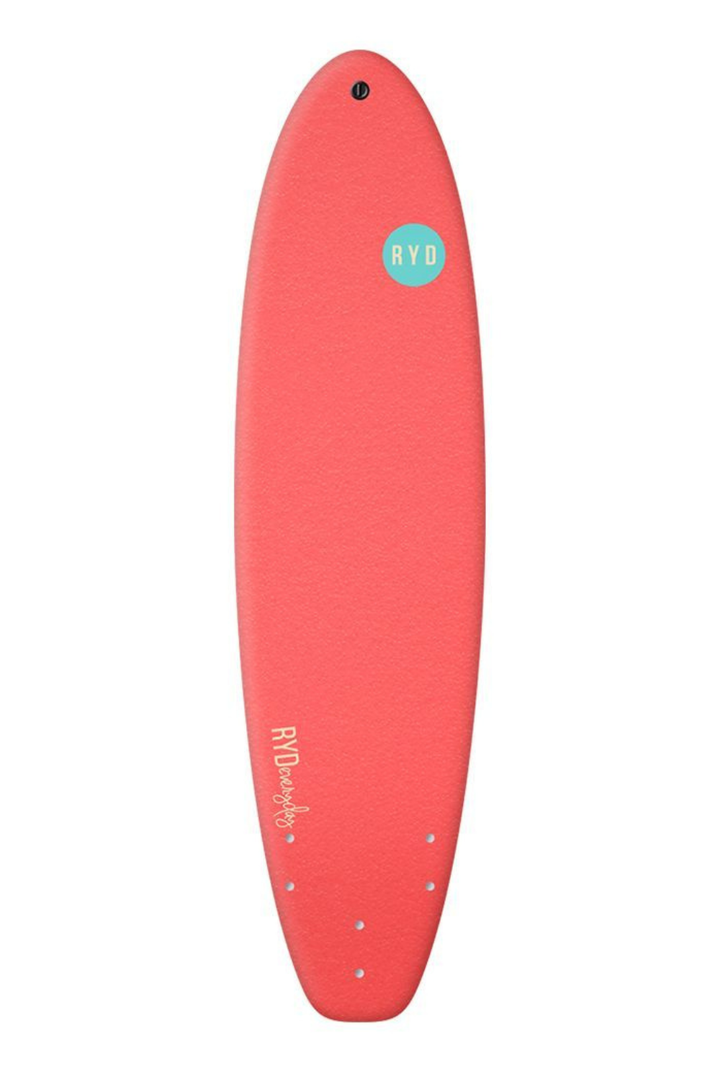  Soft Top Surfboard in Coral with a circular 'RYD' logo in turquoise and white