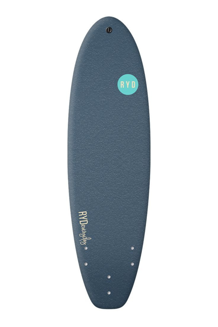 A dark slate blue surfboard with a textured finish, featuring a light blue circular 'RYD' logo near the nose and white branding text near the tail, shown against a plain white background.