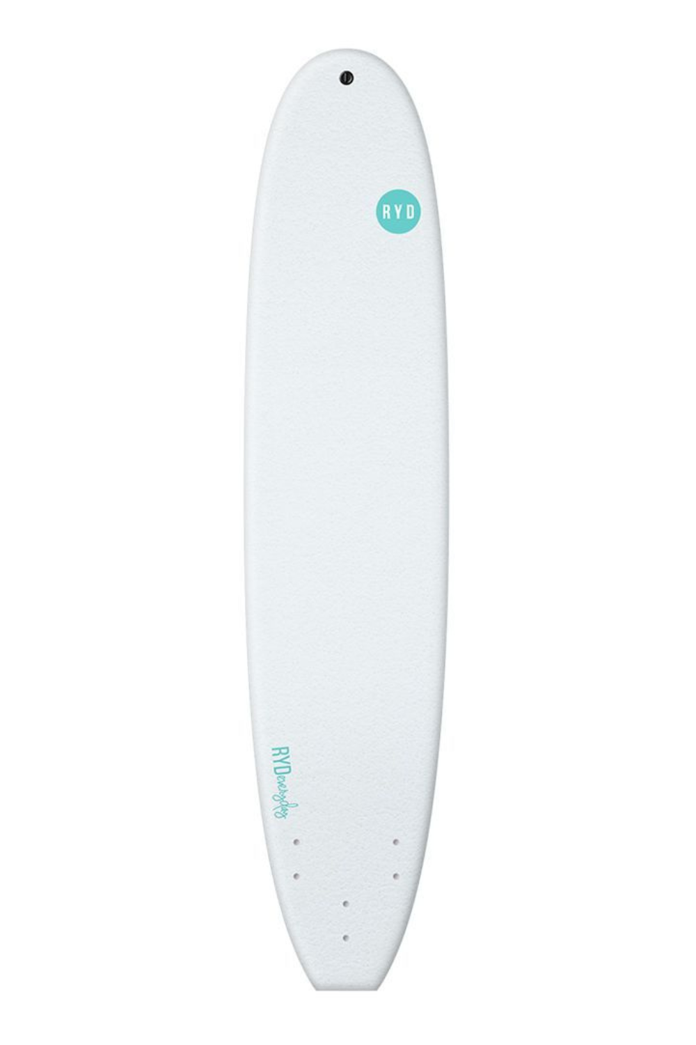 A white soft top surfboard with a small mint green circular 'RYD' logo near the nose and mint green text near the tail, shown against a plain white background.