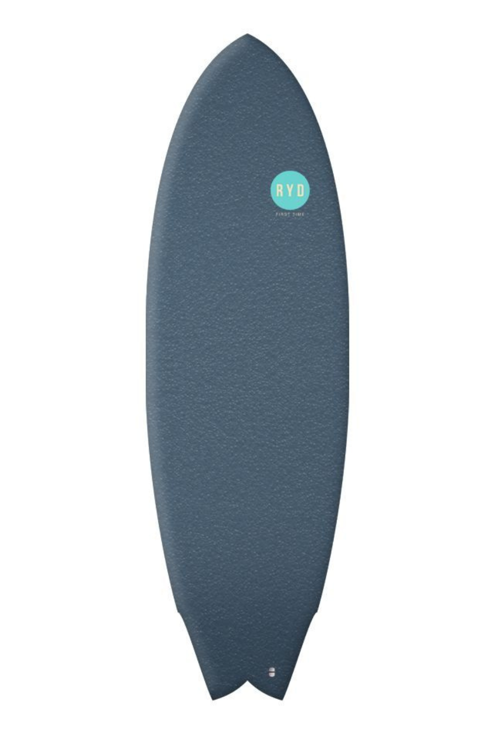 Dark blue Soft top surfboard with a circular turquoise logo.