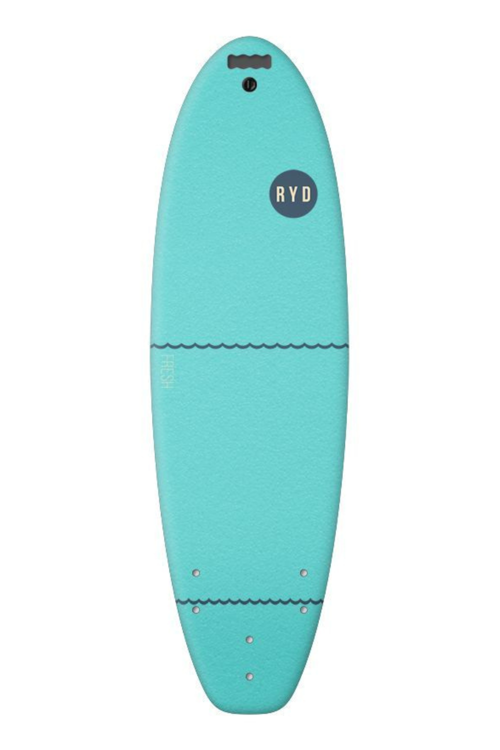 A turquoise surfboard with a circular black 'RYD' logo on the upper half, shown against a plain white background.