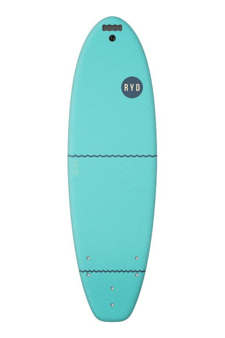 A turquoise surfboard with a circular black 'RYD' logo on the upper half, shown against a plain white background.