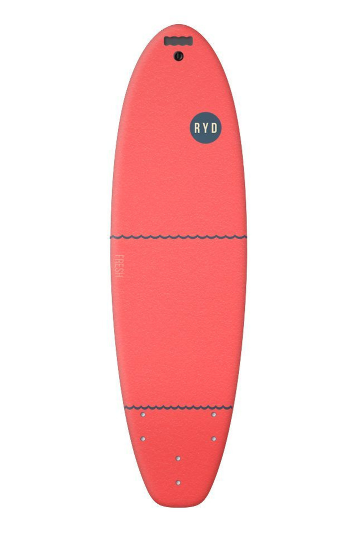 A Coral Soft Top Surfboard with a black circular RYD logo.