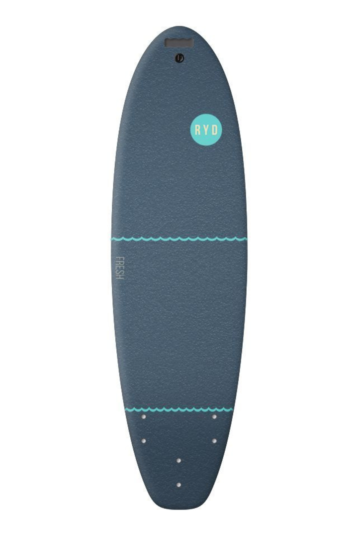 A dark blue Soft Top Surfboard in Deep Blue with a circular 'RYD' logo in tuquoise