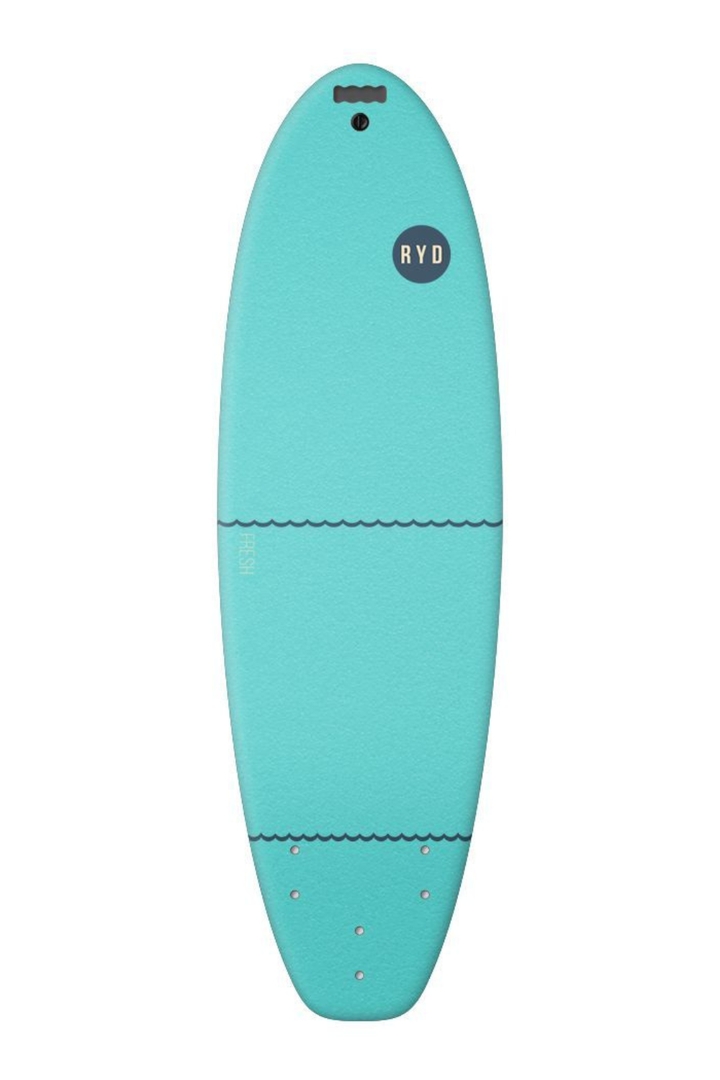 A Fresh Wide Soft Top Surfboard in Turquoise from RYD shown from a top-down view on a solid white background, featuring a dark blue circular logo with 'Ryd' on the upper half.