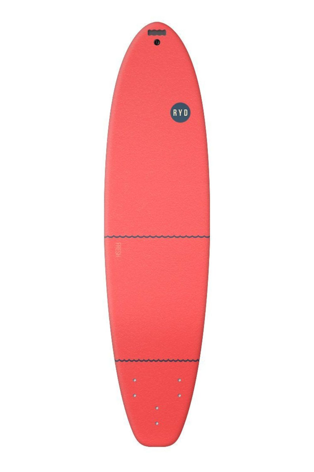 A Fresh Wide Soft Top Surfboard Cora from RYD shown from a top-down view on a solid white background, featuring a black circular logo with 'Ryd' on the upper half.