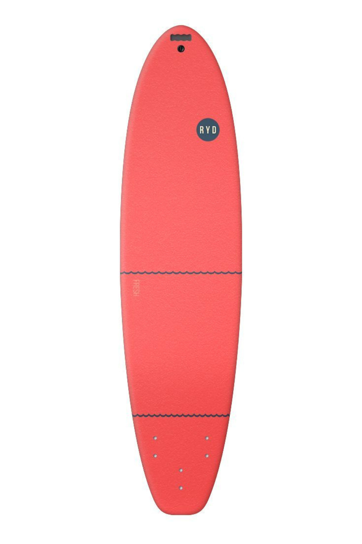A Fresh Wide Soft Top Surfboard Cora from RYD shown from a top-down view on a solid white background, featuring a black circular logo with 'Ryd' on the upper half.