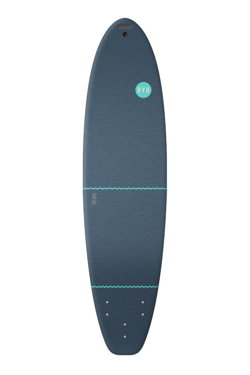 A Fresh Wide Soft Top Surfboard in Deep Blue from RYD shown from a top-down view on a solid white background, featuring a turquoise circular logo with 'Ryd' on the upper half.
