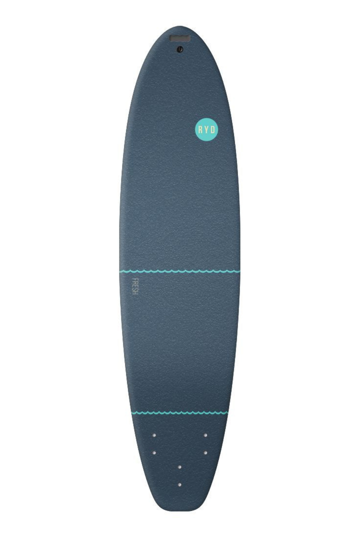 A Fresh Wide Soft Top Surfboard in Deep Blue from RYD shown from a top-down view on a solid white background, featuring a turquoise circular logo with 'Ryd' on the upper half.