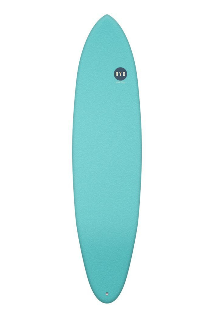 Turquoise soft top surfboard with a black circular 'RYD' logo near the top.
