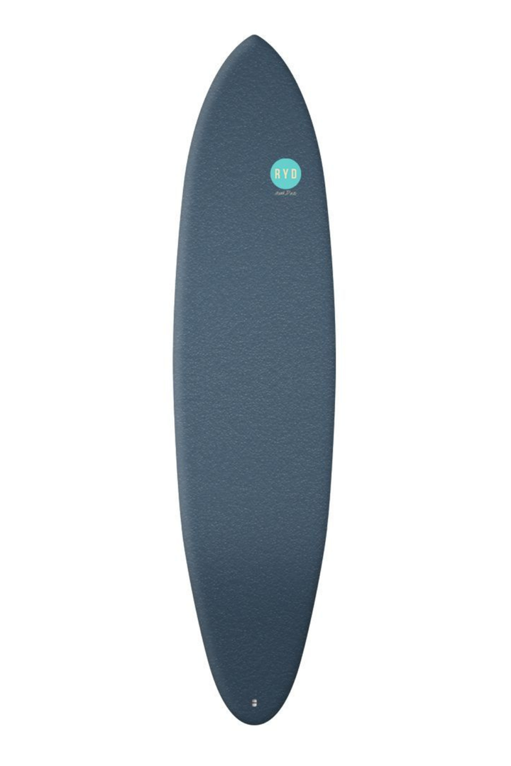  Soft Top Surfboard in dark slate blue with a circular turquoise 'RYD' logo near the nose