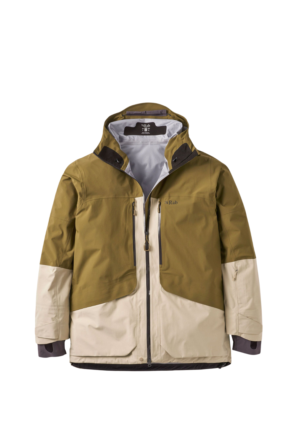A Rab Bigline Mens Waterproof Ski Jacket in beige and khaki shown on a white background