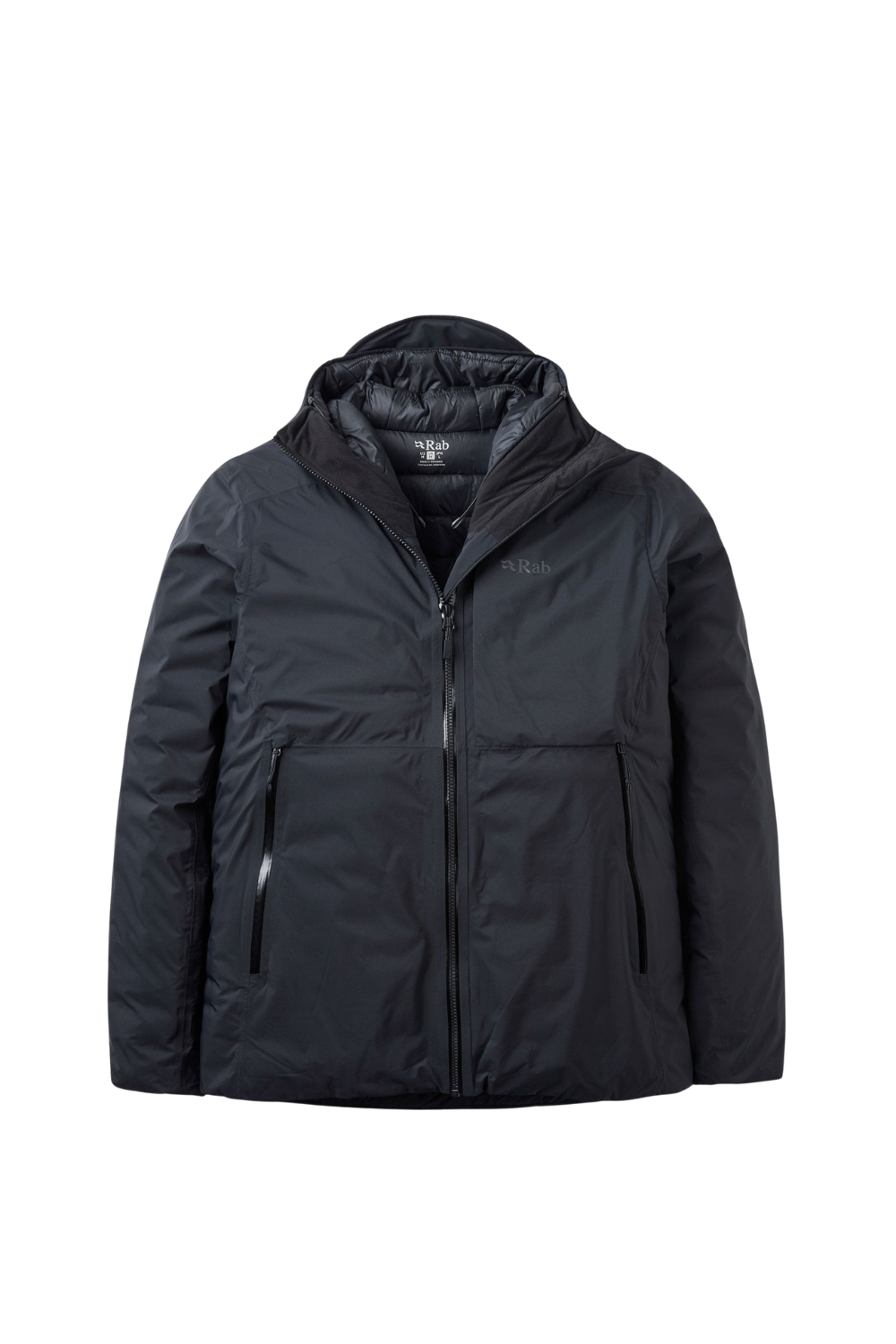 A Rab Microlight Shield Mens Waterproof Down Jacket in Black shown on a white background.