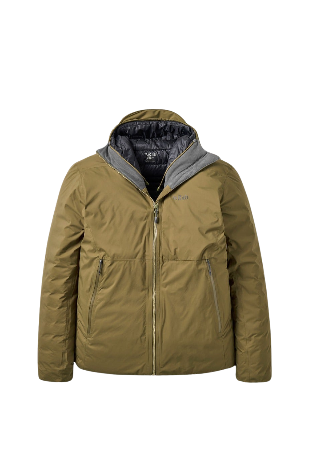 A Rab Microlight Shield Mens Waterproof Down Jacket in khaki shown on a white background