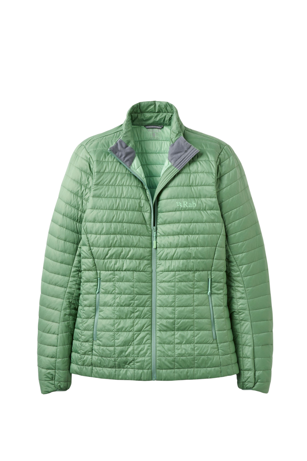 A sage green quilted puffer jacket with a gray inner collar, shown flat against a solid white background.