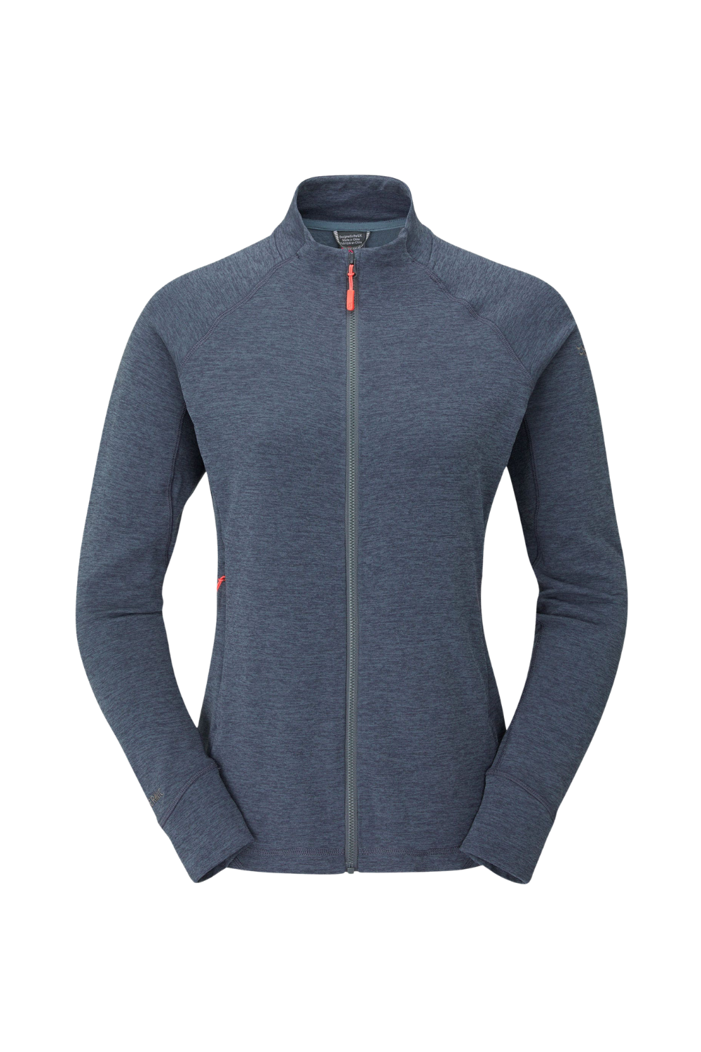 A women's heathered slate blue zip-up jacket with a mock neck collar and a small red accent on the zipper pull, shown against a plain white background.
