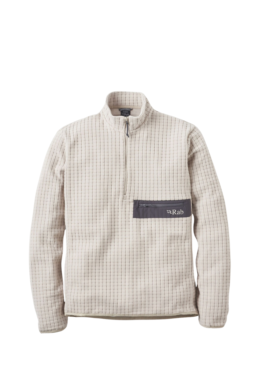 A Patagonia quarter-zip fleece pullover in a light beige and white micro-check pattern, featuring a dark gray chest pocket with the Patagonia logo.