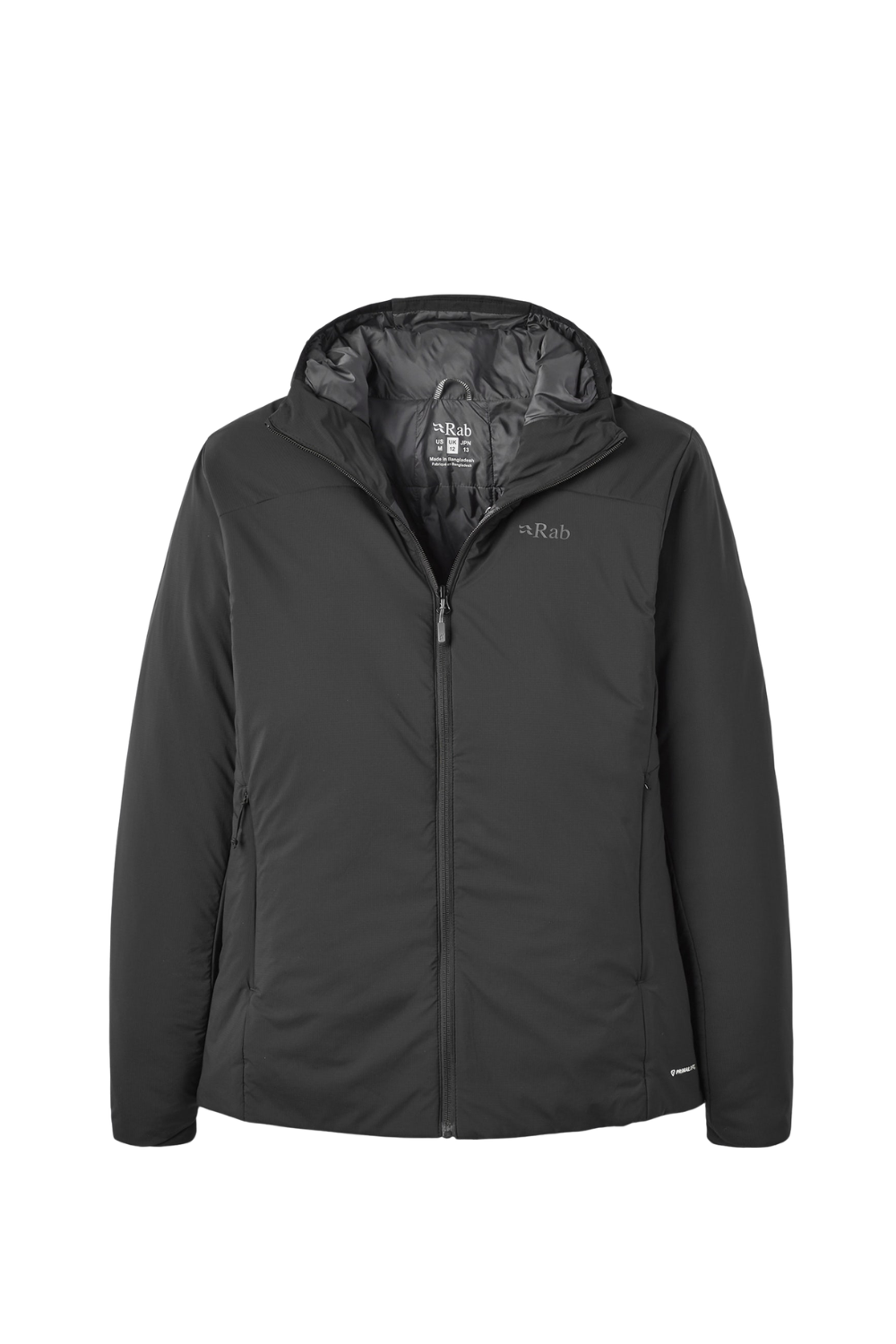 A black hooded Rab jacket with a full front zipper, shown on a plain white background. The brand name 'Rab' is visible on the left chest.