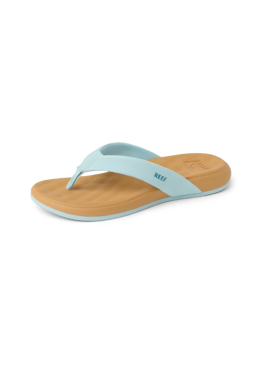 Light blue Reef flip flop with brown sole on a white background