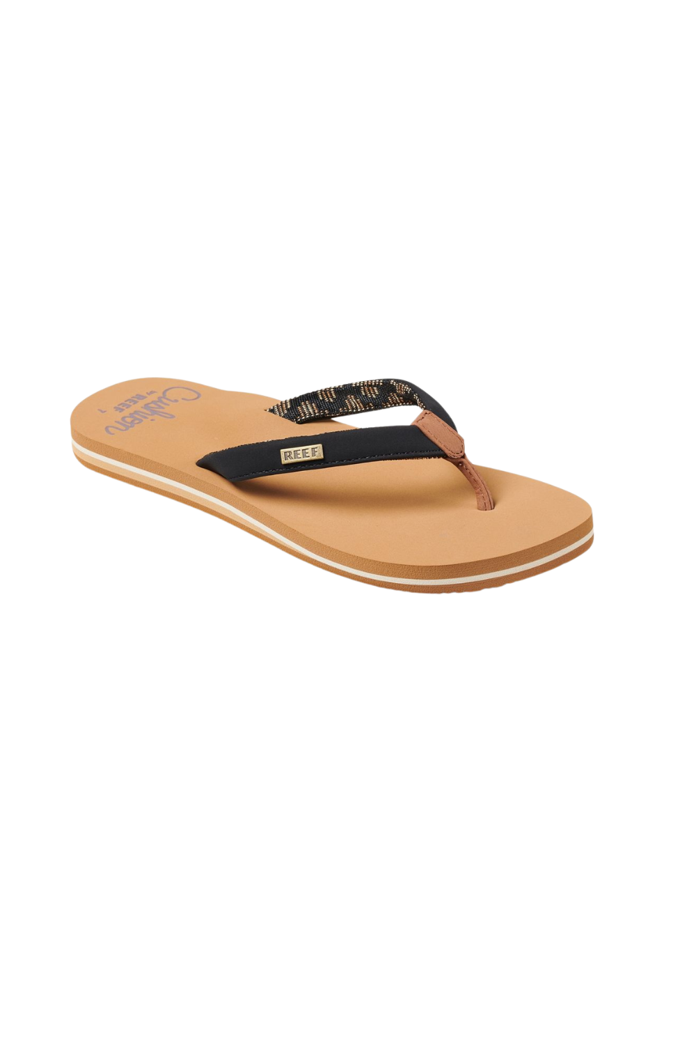 Tan sandal with black strap on a white background