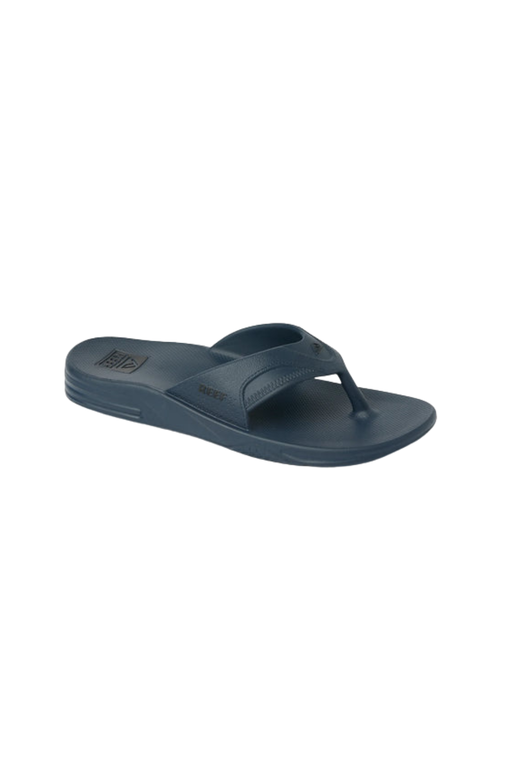 A dark navy Reef flip flop on a white background.