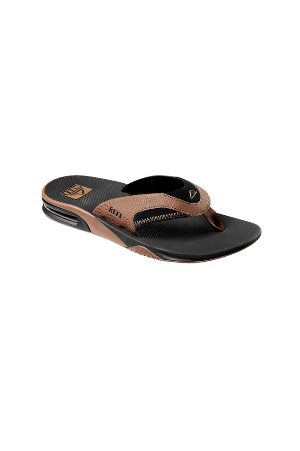 Brown and black Reef flip flop on a white background