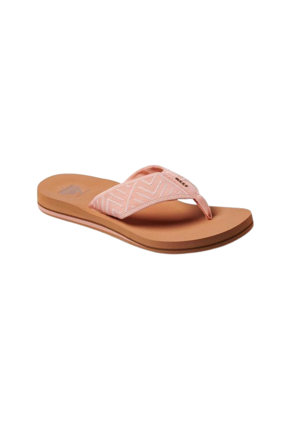 Peach coloured Reef flip flop with a tan sole on a white background