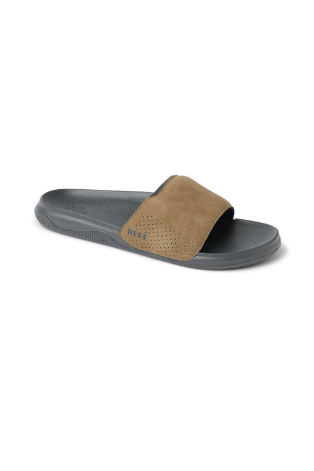 Gray slide Reef sandal with brown suede strap on a white background