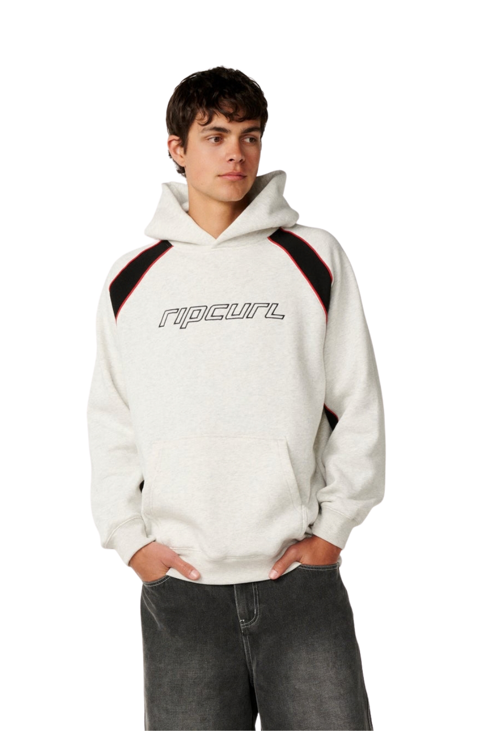A man wearing a white heathered Rip Curl hoodie with black and red shoulder stripes and a black outlined Rip Curl logo on the chest, paired with dark gray jeans, against a solid white background.