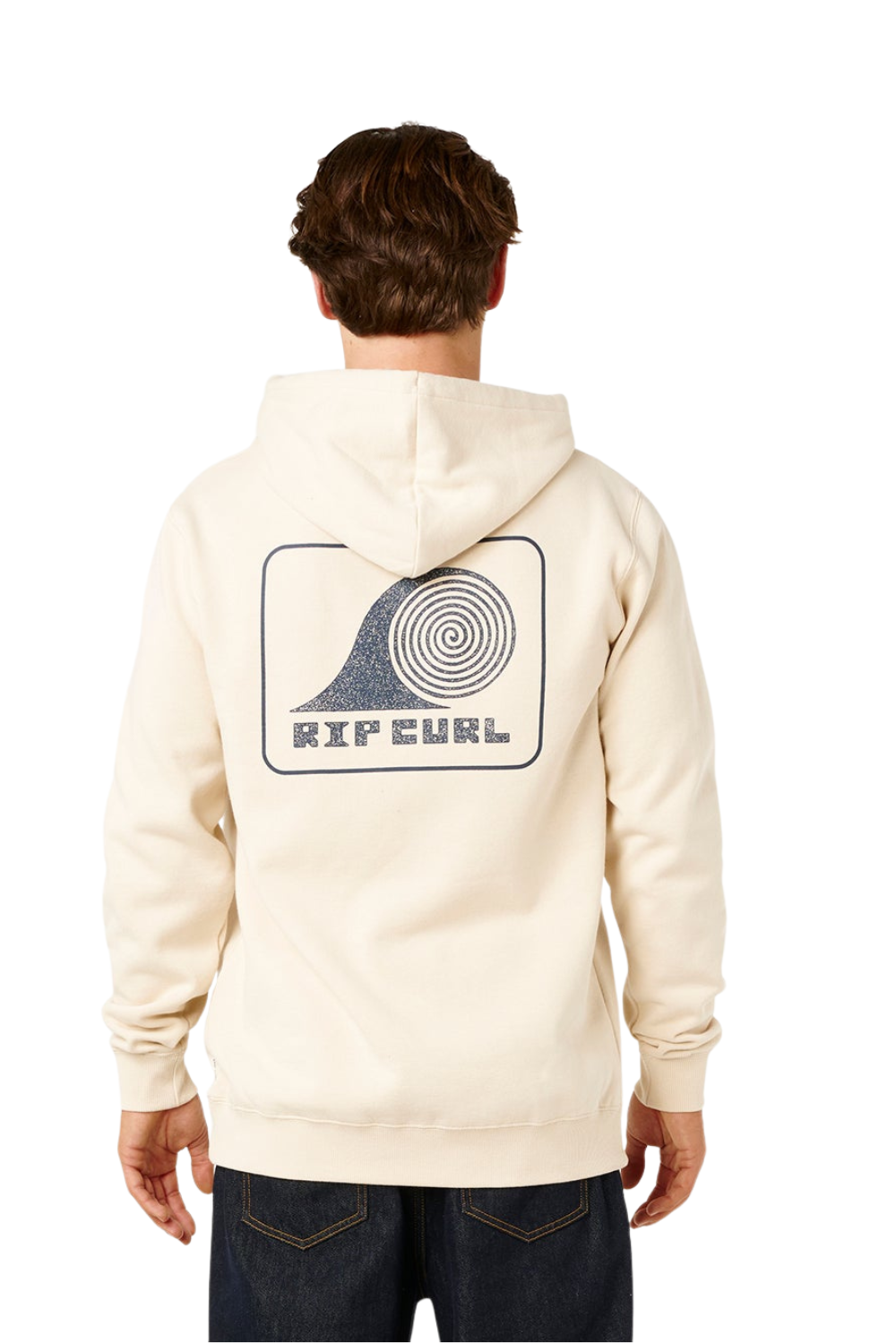 Person wearing a off white hoodie with Rip Curl logo on the back, standing against a white background