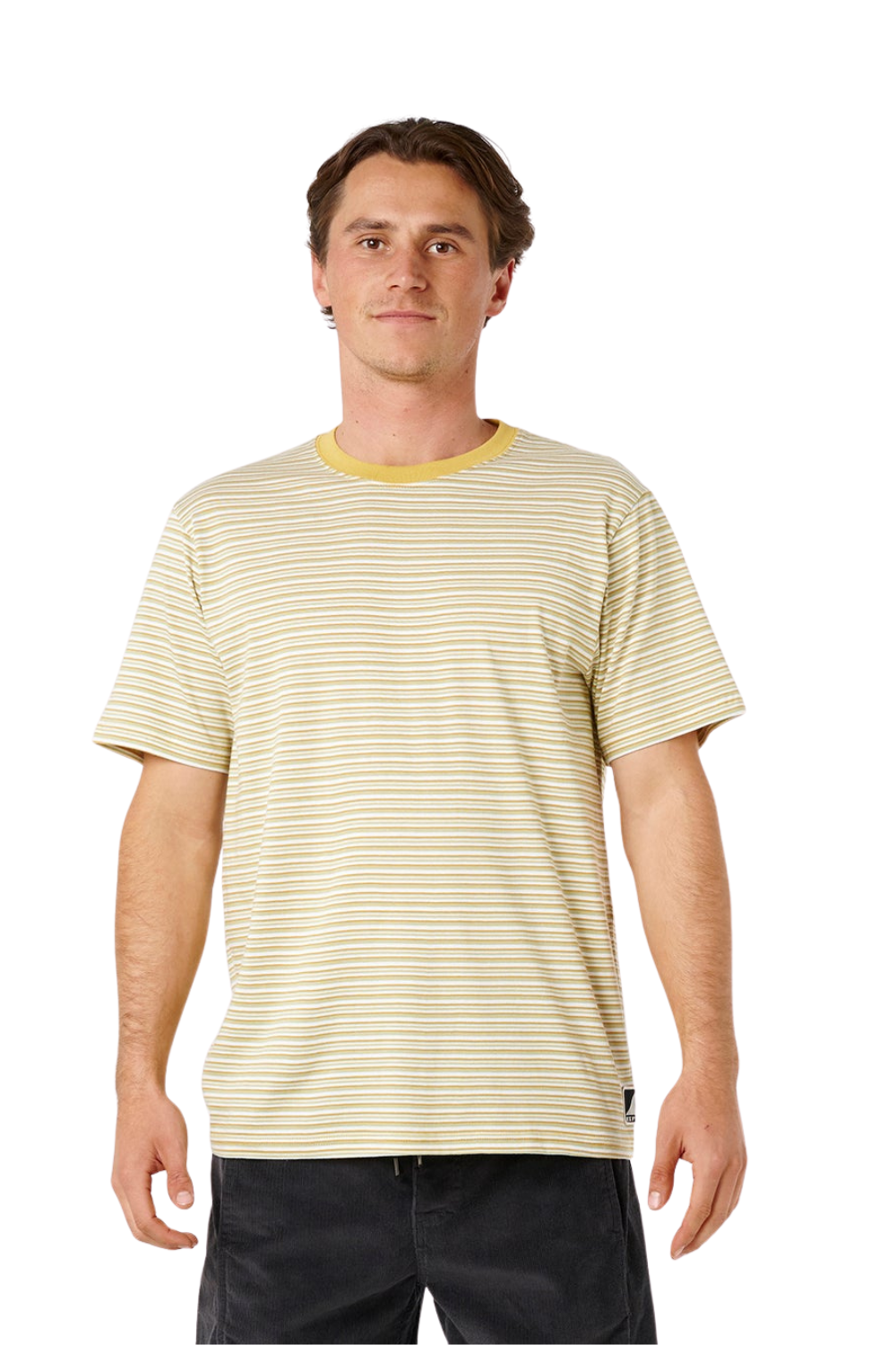 Man wearing a yellow striped Rip Curl t-shirt