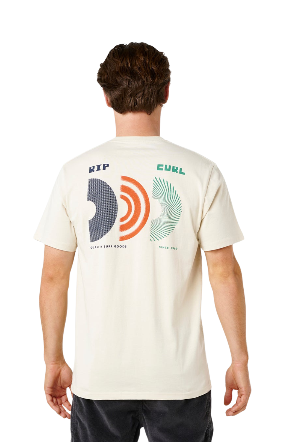 Man wearing a vintage white Rip Curl t-shirt with colorful retro graphics on the back.