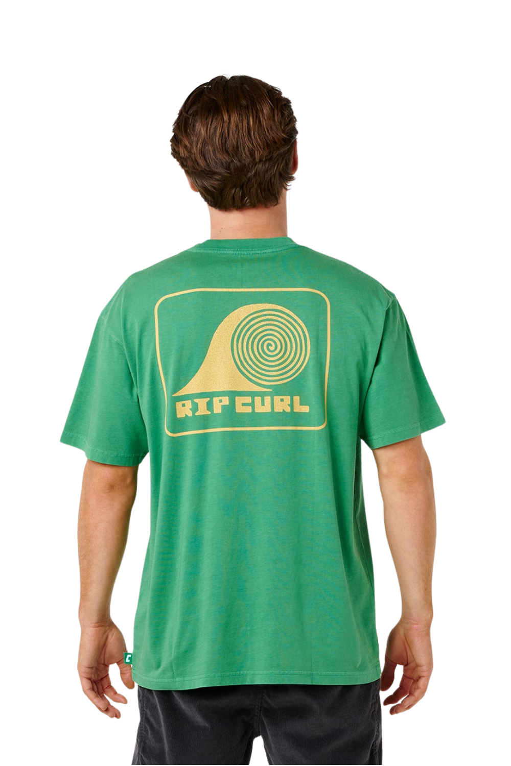 Man wearing a green t-shirt with a yellow graphic print on the back