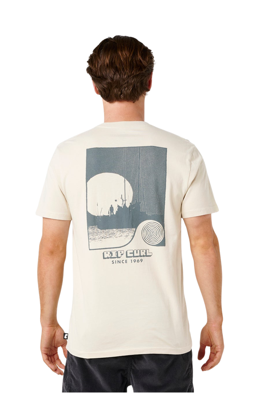 Person wearing a off white t-shirt with a grey print on the back.