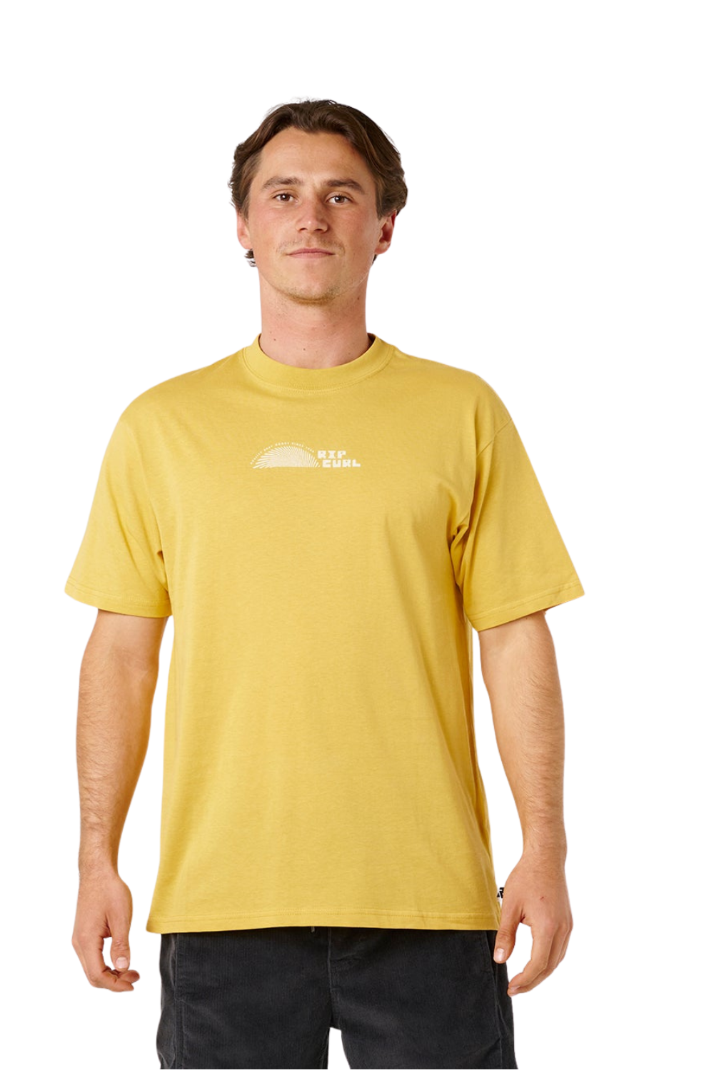 Man wearing a yellow Rip Curl T-Shirt in Ochre with a logo on 