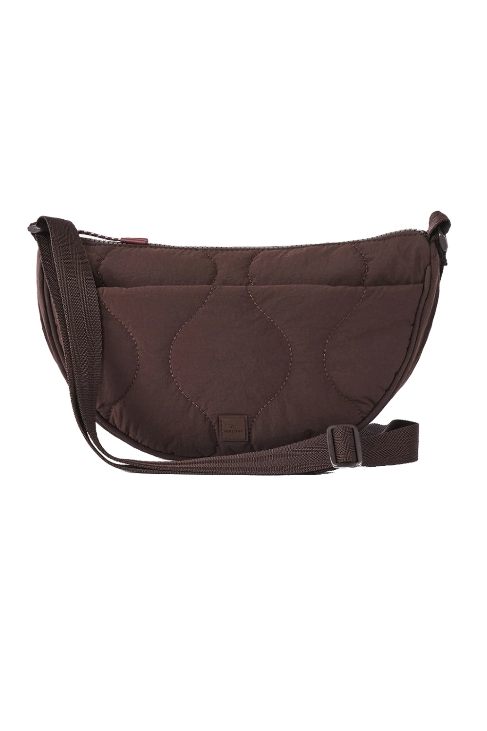 A dark brown quilted crescent-shaped shoulder bag with a matching adjustable shoulder strap, shown against a plain white background.
