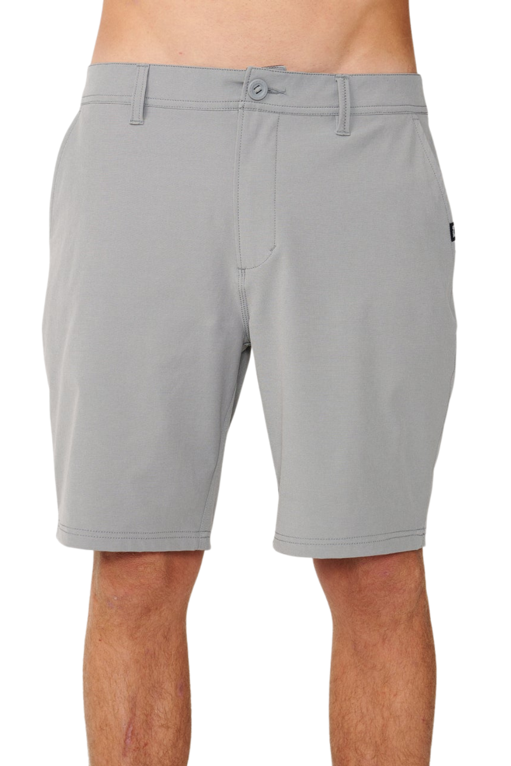 Gray shorts worn by a person on a white background