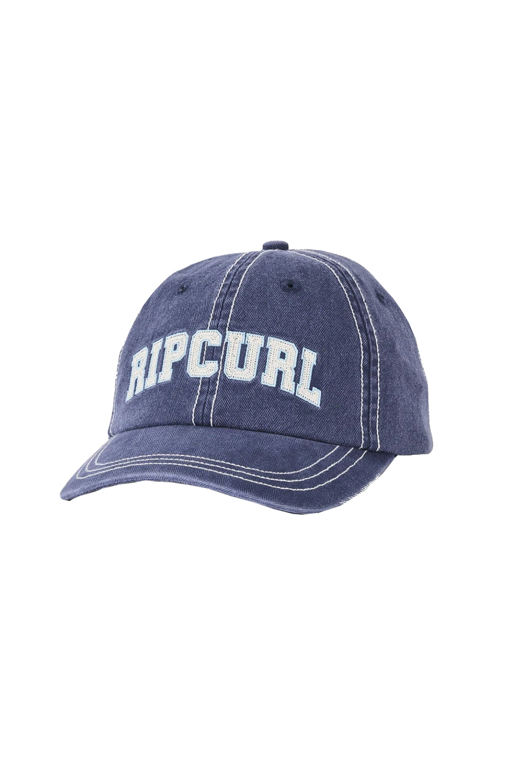 A washed navy blue baseball cap with 'RIP CURL' embroidered in white across the front, shown against a plain white background.