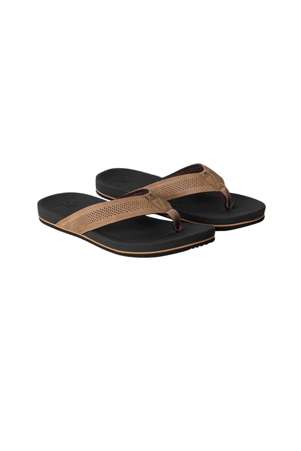Pair of brown and black sandals on a white background