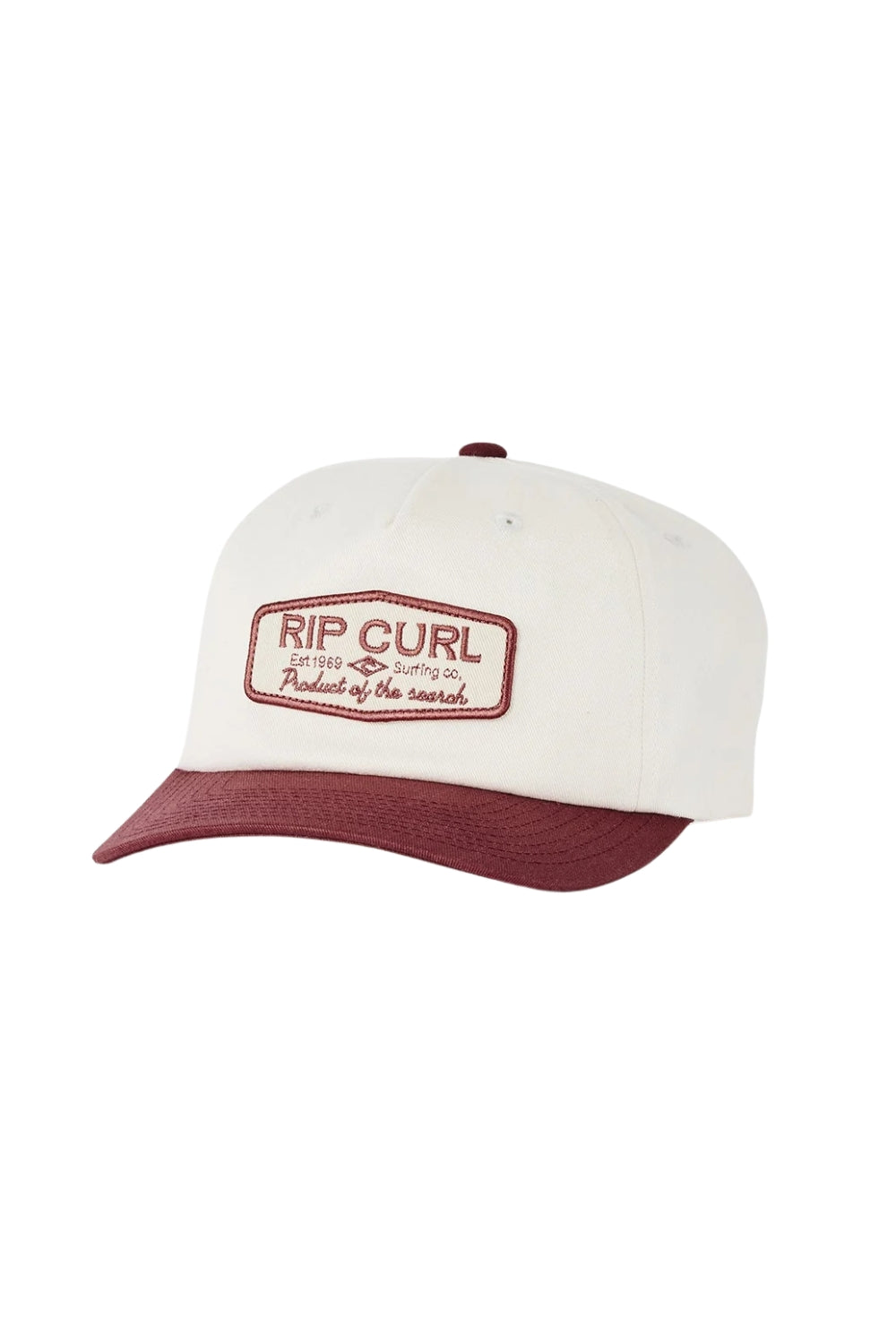 A Rip Curl baseball cap with an off-white crown and a dark burgundy brim, featuring a rectangular embroidered patch on the front.