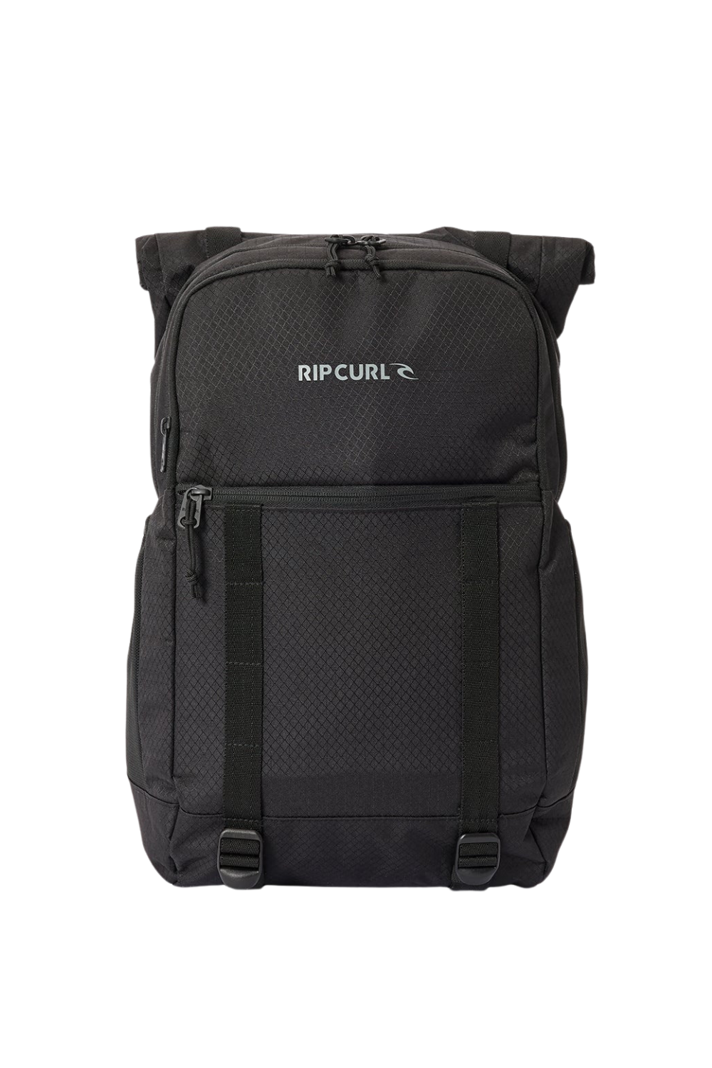 Black 30L Rip Curl backpack with a roll up top on a white backgound