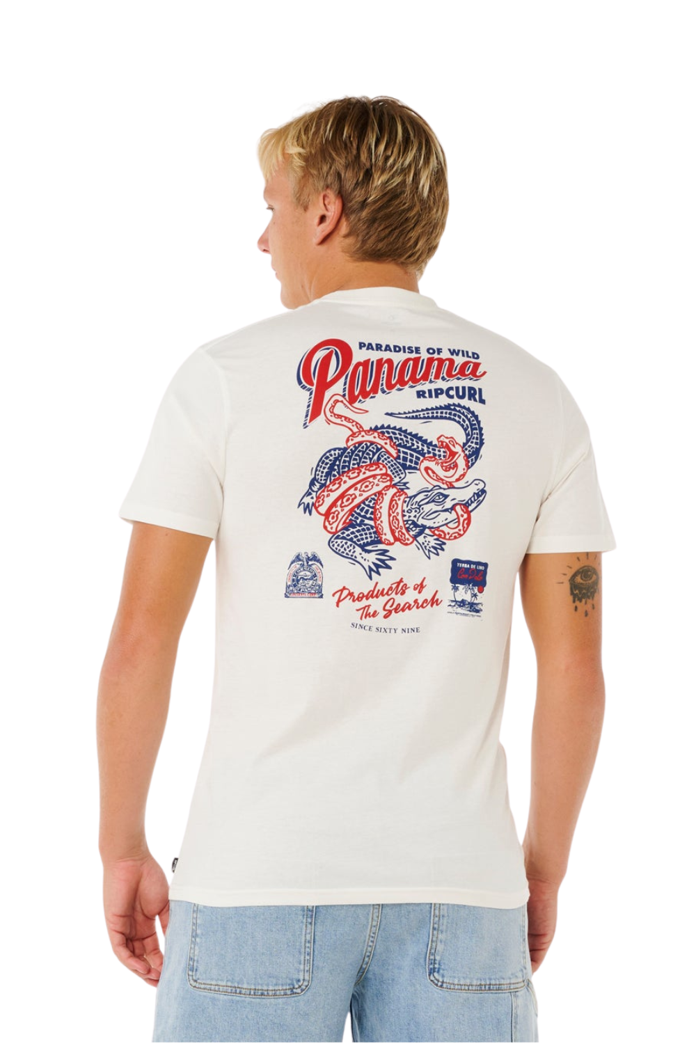 Person wearing a white t-shirt with a colorful graphic design on a white background