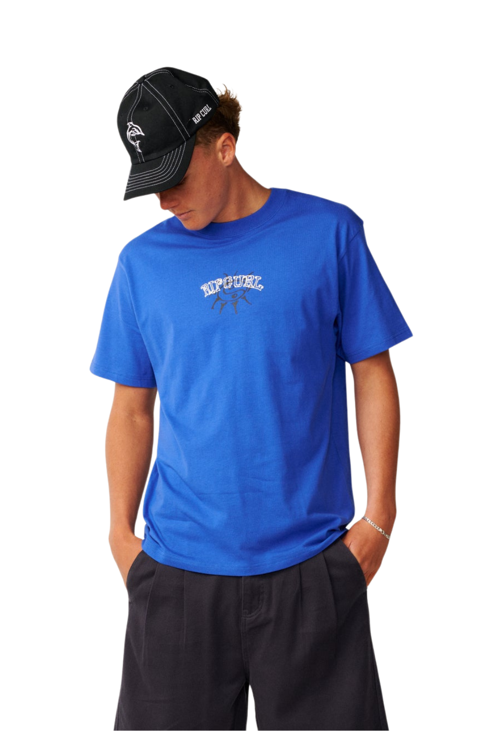 Person wearing a blue t-shirt with a Rip Curl logo on the chest.